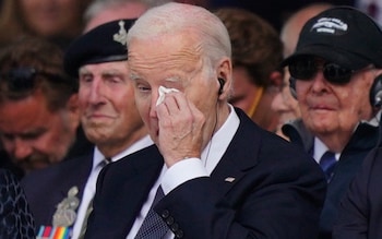 US President Joe Biden becomes emotio<em></em>nal during the ceremony