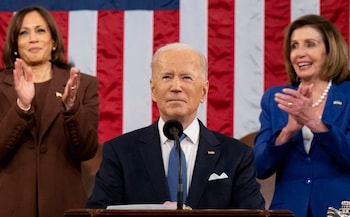 Joe Biden delivers the State of the Unio<em></em>n address as vice president Kamala Harris and house speaker Nancy Pelosi look on, in 2022