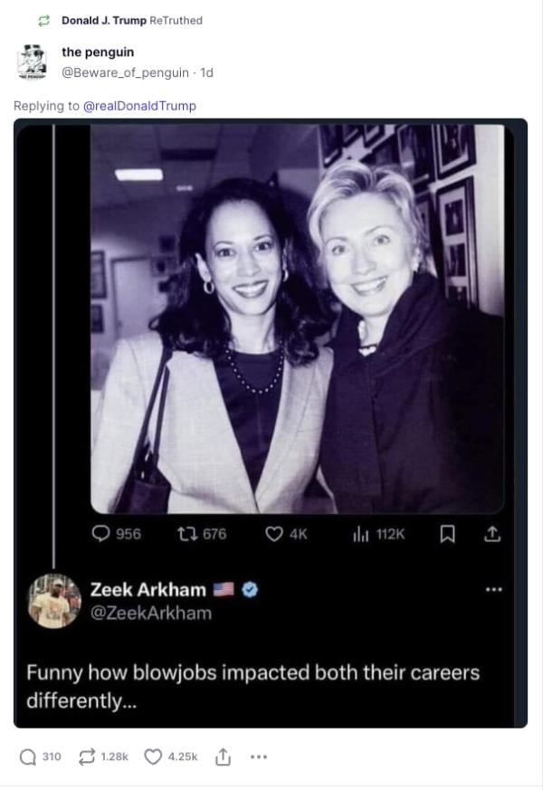 Do<em></em>nald Trump reposted a lewd comment comparing Vice President Kamala Harris to his former arch-rival Hillary Clinton.