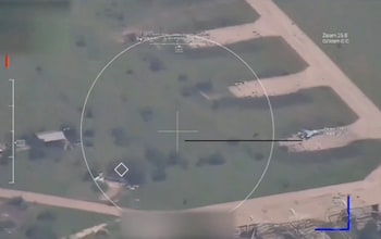 Footage from Russian strikes targeting the Myrhorod airba<em></em>se with Iskander-M ballistic missiles carrying cluster warhead 