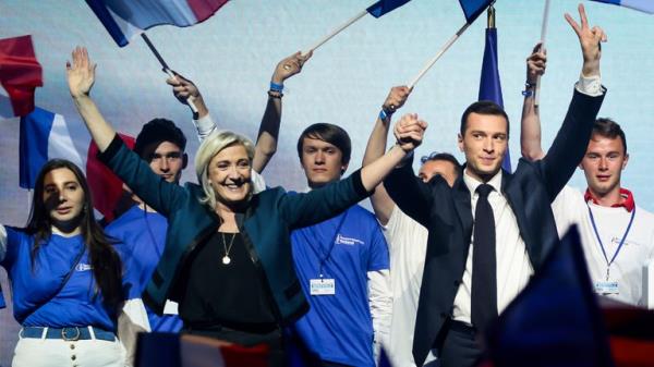 Marine Le Pen and Jordan Bardella at a Natio<em></em>nal Rally event ahead of the European Parliament elections. Pic: AP