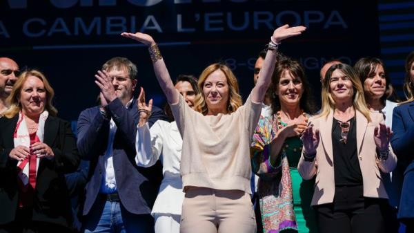 Giorgia Meloni, prime minister of Italy and leader of Fratelli di Italia, at a rally for the European Parliament elections. Pic: AP