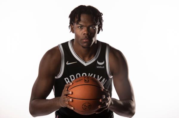 Day'Ron Sharpe poses for a photo during Nets Media Day.