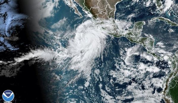 Satellite image of Hurricane Hilary off coast of Mexico.