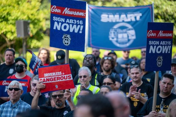 Workers protest California Gov. Gavin Newsom and his plan possibly allow driver-less long-haul trucking in California.