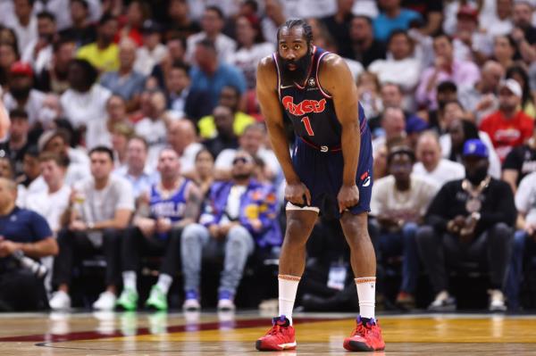 James Harden #1 of the Philadelphia 76ers reacts against the Miami Heat