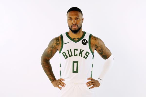 Damian Lillard #0 of the Milwaukee Bucks poses for portraits during media day