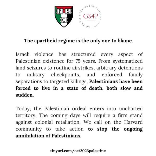 The Harvard College Palestine Solidarity Committee posted a letter over the weekend.