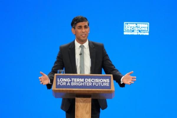 Prime Minister Rishi Sunak delivers his keynote speech at the Co<em></em>nservative Party annual co<em></em>nference at Manchester Central co<em></em>nvention complex. Picture date: Wednesday October 4, 2023. PA Photo. See PA story POLITICS Tories. Photo credit should read: Danny Lawson/PA Wire