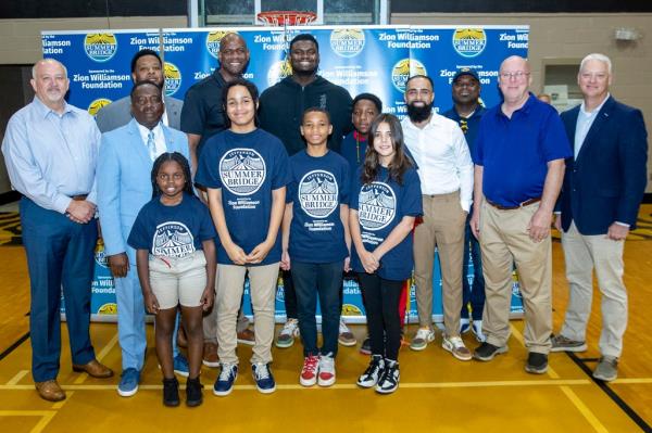 Zion Williamson #1 of the New Orleans Pelicans announces the Summer Bridge partnership between the Zion Williamson Foundation and Jefferson Parish School District on June 9, 2023 at Harry S. Truman in Marrero, Louisiana.  