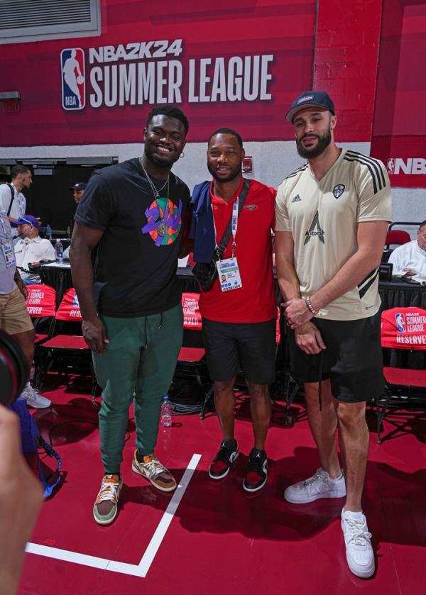 Pelicans forward Zion Williamson, Head Coach Willie Green and Larry Nance Jr. #22 of the New Orleans Pelicans posed for a photo during the 2023 NBA Las Vegas Summer League on July 11, 2023 at the The Cox Pavilion in Las Vegas, Nevada. 
