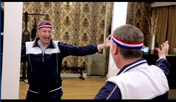 Bill de Blasio in the gym in a campaign commercial