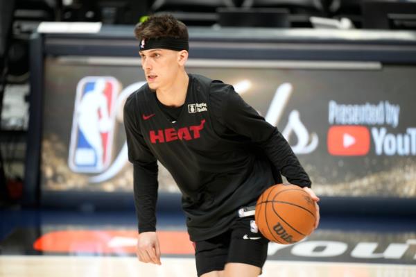 Miami Heat guard Tyler Herro takes part in practice for Game 2 of the NBA Finals.