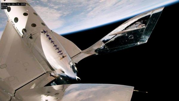 This photo released by Virgin Galactic shows a view of Earth from Virgin Galactic's rocket plane as it reaches an altitude of more than 54 miles during a test flight on Thursday, May 25, 2023. Virgin Galactic completed what's expected to be its final test flight Thursday before taking paying customers on brief trips to space.