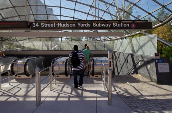 The entrance to the 7 train station at Hudson Yards-34th Street. 