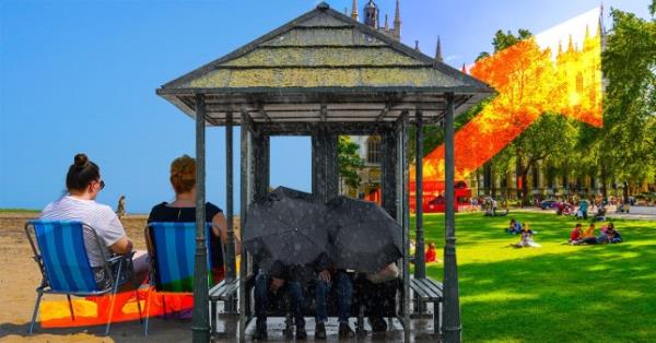 Picture of people sitting on the beach and in a park in hot weather
