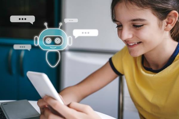 Child using system AI Chatbot in computer or mobile application. Chatbot conversation, Ai Artificial Intelligence technology. OpenAI generate. Futuristic technology. Virtual assistant on internet.