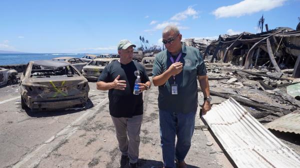 Gov. Josh Green, left, took a tour of the destroyed areas with Maui County Mayor Richard Bissen, Jr. 