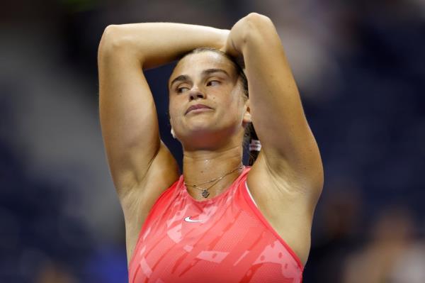 Aryna Sabalenka of Belarus reacts against Madison Keys.