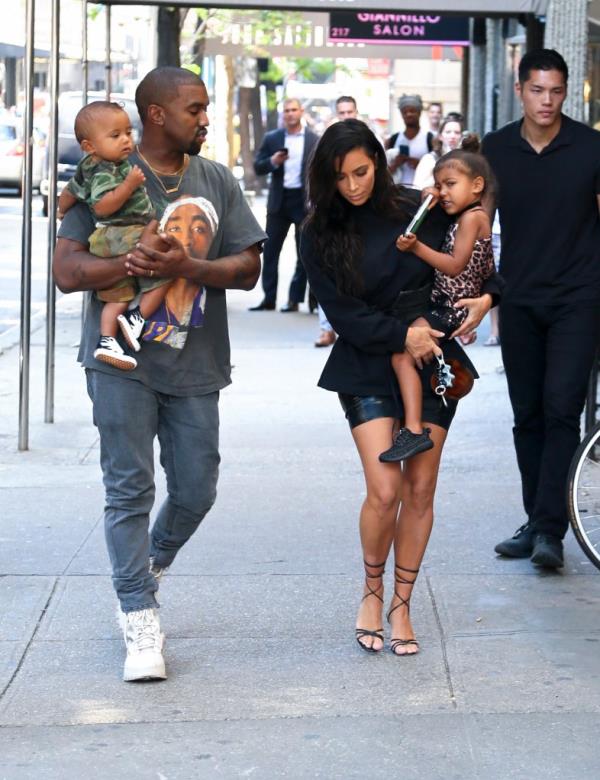 Kim Kardashian West and Kanye West are spotted out with their kids Saint and North in New York City in Aug. 2016.