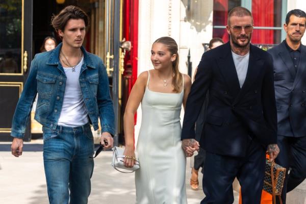 PARIS, FRANCE - SEPTEMBER 29: (L-R) Cruz Beckham, Harper Beckham and David Beckham are seen on September 29, 2023 in Paris, France. (Photo by Marc Piasecki/GC Images)