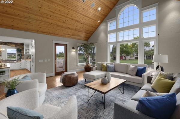 The great room with high wooden ceilings.