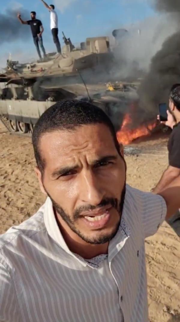 Hassan Eslaiah posted this video on October 7 showing the ransacking of an Israeli tank.