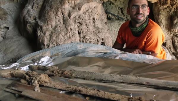 Swords seen inside a Dead Sea cave in Israel 