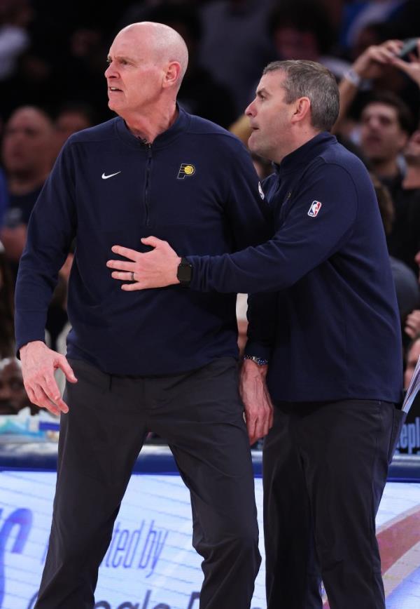 Indiana Pacers head coach Rick Carlisle reacts to a call during the fourth quarter against the New York Knicks in Game Two of the Eastern Co<em></em>nference Second Round Playoffs at Madison Square Garden on May 08, 2024 in New York