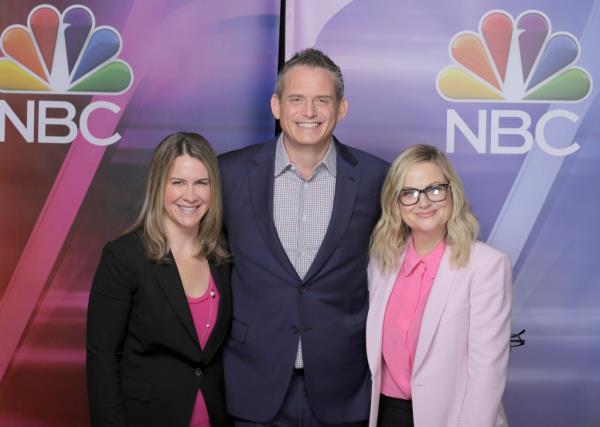 NBCUNIVERSAL EVENTS -- NBCUniversal Press Tour, January 11, 2020 -- Pictured: (l-r) Meredith Ahr, President, Alternative & Reality Group, NBC Entertainment; Paul Telegdy, Chairman, NBC Entertainment; Amy Poehler, 