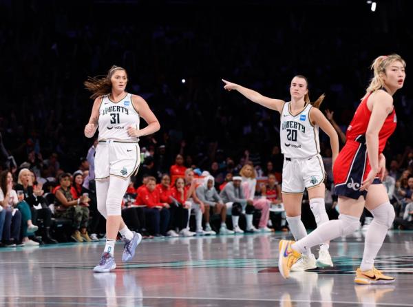 Sabrina Io<em></em>nescu reacts to Stefanie Dolson's 3 pointer against Brittney Sykes of the Washington Mystics for Round 1 Game 1 of the 2023 WNBA Playoffs at Barclays Center. 