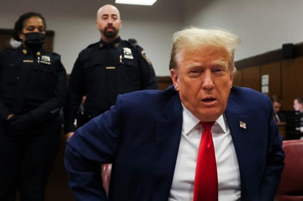 Do<em></em>nald Trump sits in Manhattan criminal court, Monday, May 6, 2024 in New York.