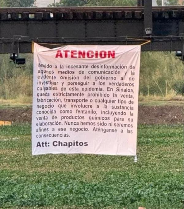 News 12594109 El Chapo's sons ban fentanyl, according to banners hanging in blood-soaked Sinaloa - as US authorities step up efforts to bring down the 'Chapitos' brothers The tarps were placed in various parts of Sinaloa.
