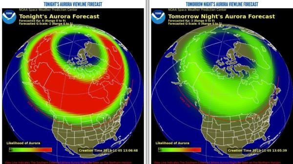 Aurora forecast for Sunday and Mo<em></em>nday night in the US and Canada. 