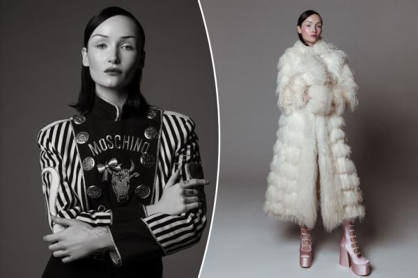 A side-by-side of a black and white Moschino jacket next to a long white fur coat.