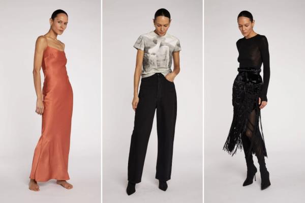 A triptych of three pieces from Mae Vintage London's website, including ohn Galliano, Alexander McQueen and Saint Laurent garments.