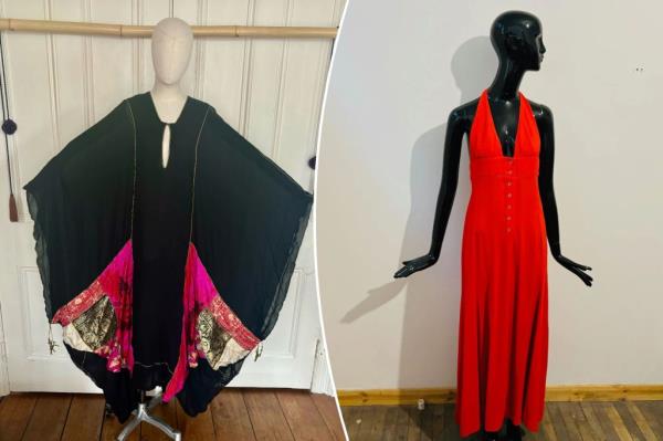A side-by-side of two vintage dresses, including a black silk abaya from Thea Porter and a red halter neck dress by Ossie Clark.