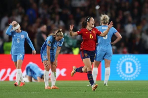 Aitana Bo<em></em>nmati of Spain celebrates after her team's victory in the FIFA Women's World Cup Australia & New Zealand 2023 Final match between Spain and England at Stadium Australia on August 20, 2023 in Sydney, Australia.