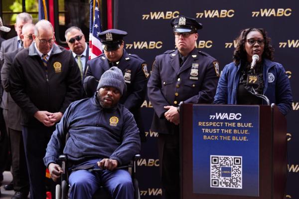 NYPD Detective Dalsh Veve and his wife, Esther, during an event in support of  the New York Police Department and the efforts of law enforcement officers on Wednesday, October 25, 2023 in New York, N.Y. 