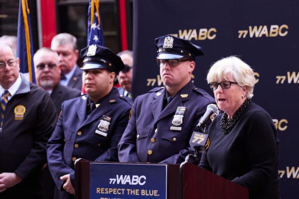Patti Ann McDo<em></em>nald speaks a<em></em>bout her husband, NYPD Detective Steven McDonald, during an event in support of the New York Police Department and the efforts of law enforcement officers on Wednesday, October 25, 2023 in New York, N.Y.