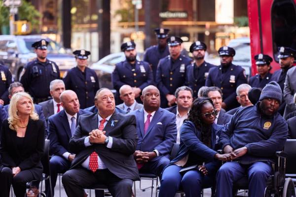 John A. Catsimatidis, CEO of grocery chain Gristedes, left, joined NYPD Detective Dalsh Veve and his wife, Esther, during an event in support of  the New York Police Department and the efforts of law enforcement officers on Wednesday, October 25, 2023 in New York, N.Y.