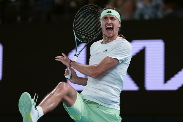 Alexander Zverev celebrates after defeating Carlos Alcaraz in the Australian Open quarterfinals on Jan. 24, 2024.