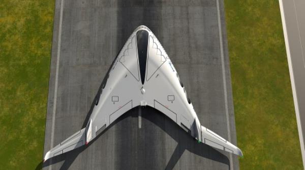 The plane merges the wings and fuselage
