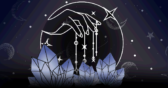 Gif shows celestial hand holding stars over crystals, for daily horoscope for today - October 10, 2023