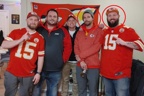 a group of people posing for a picture with two unidentified men, David Harrington, Clayton McGeeney, and Ricky Johnson, who were found dead in a backyard