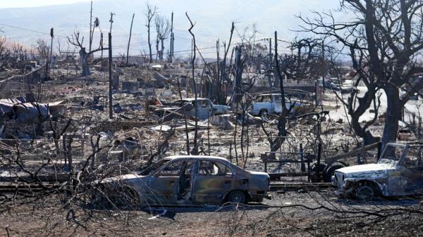 Destroyed cars and buildings line the streets of the o<em></em>nce popular resort city of Lahaina.