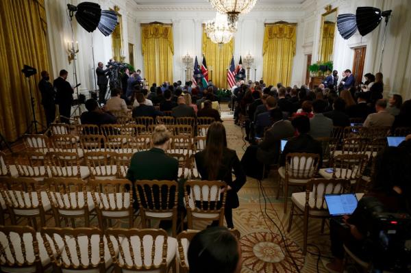 Empty chairs are seen as U.S. President Joe Biden and Kenyan President William Ruto hold a joint press co<em></em>nference in the East Room at the White House on May 23, 2024 in Washington, DC.