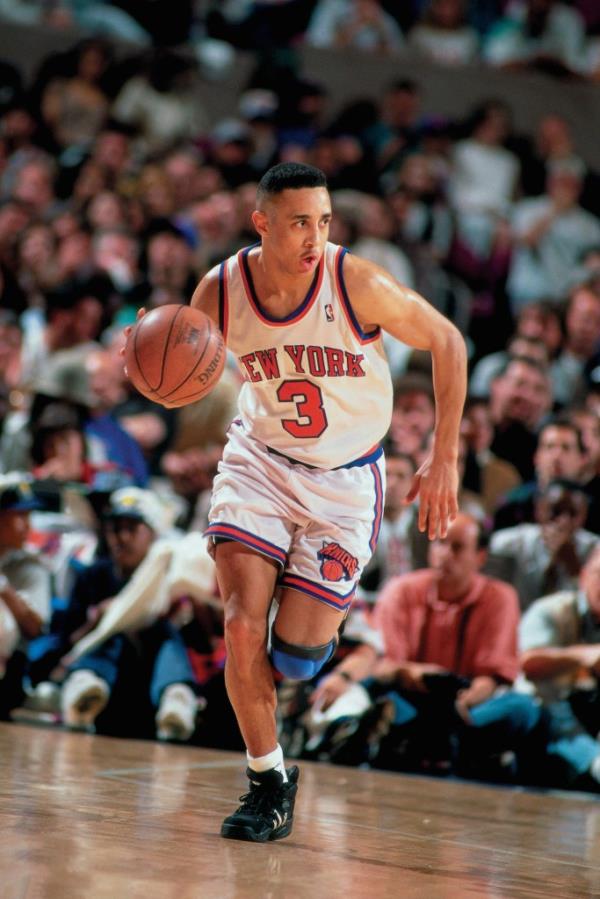 ohn Starks #3 of the New York Knicks drives the ball up court against the Indiana Pacers during Game Seven of the 1994 Eastern Co<em></em>nference Semi-Finals