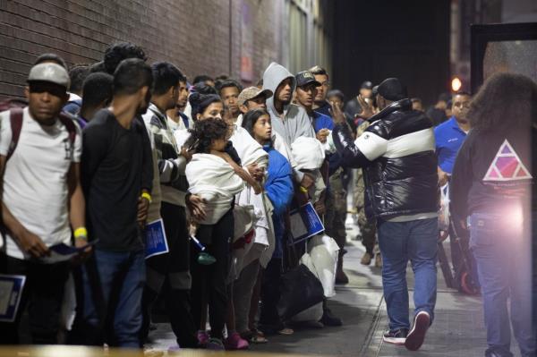 Newly arrived migrants in Manhattan