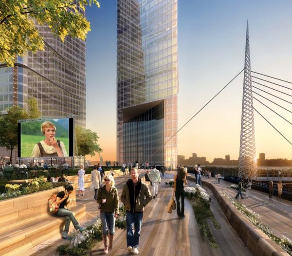 Pedestrians walk past a movie screen in this artist's rendering showing the Related Cos. Hudson Rail Yards